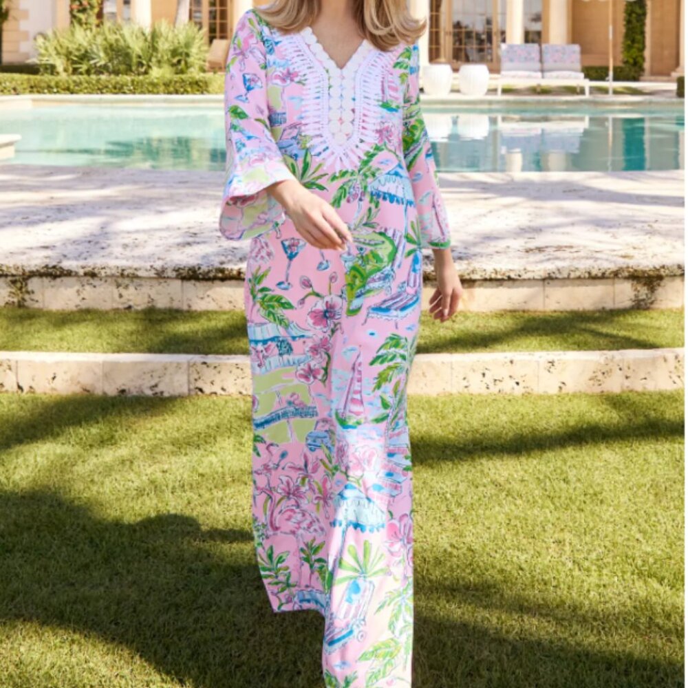 Lilly Pulitzer Ocleppo V-Neck Maxi Caftan Size 10 in Conch Shell Pink Sunny Dee
